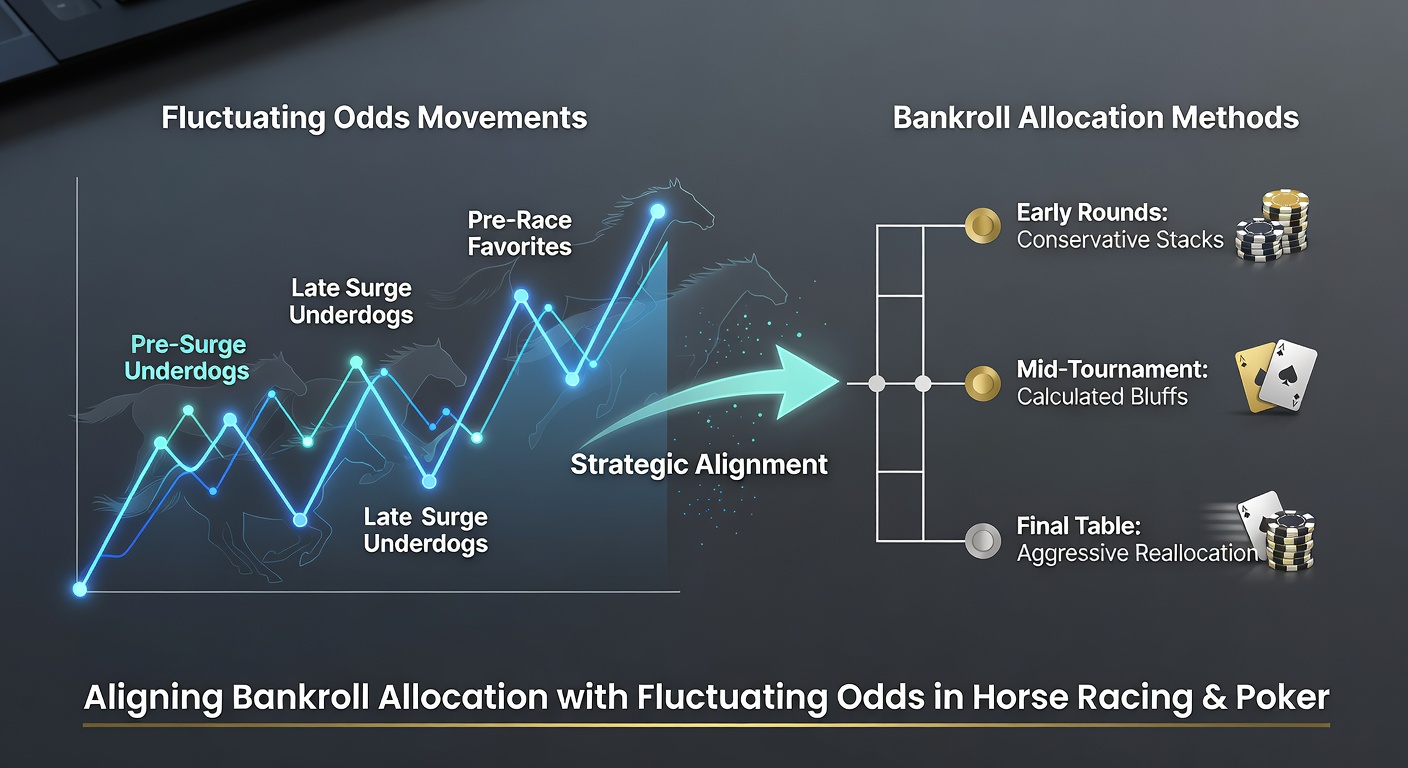 Bankroll allocation charts overlaid with horse racing odds movements and poker tournament structures
