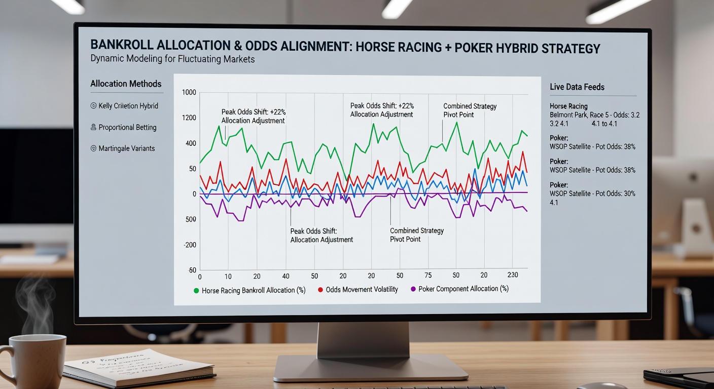 Poker tournament table with live odds displays showing simultaneous bankroll reallocation during fluctuating markets