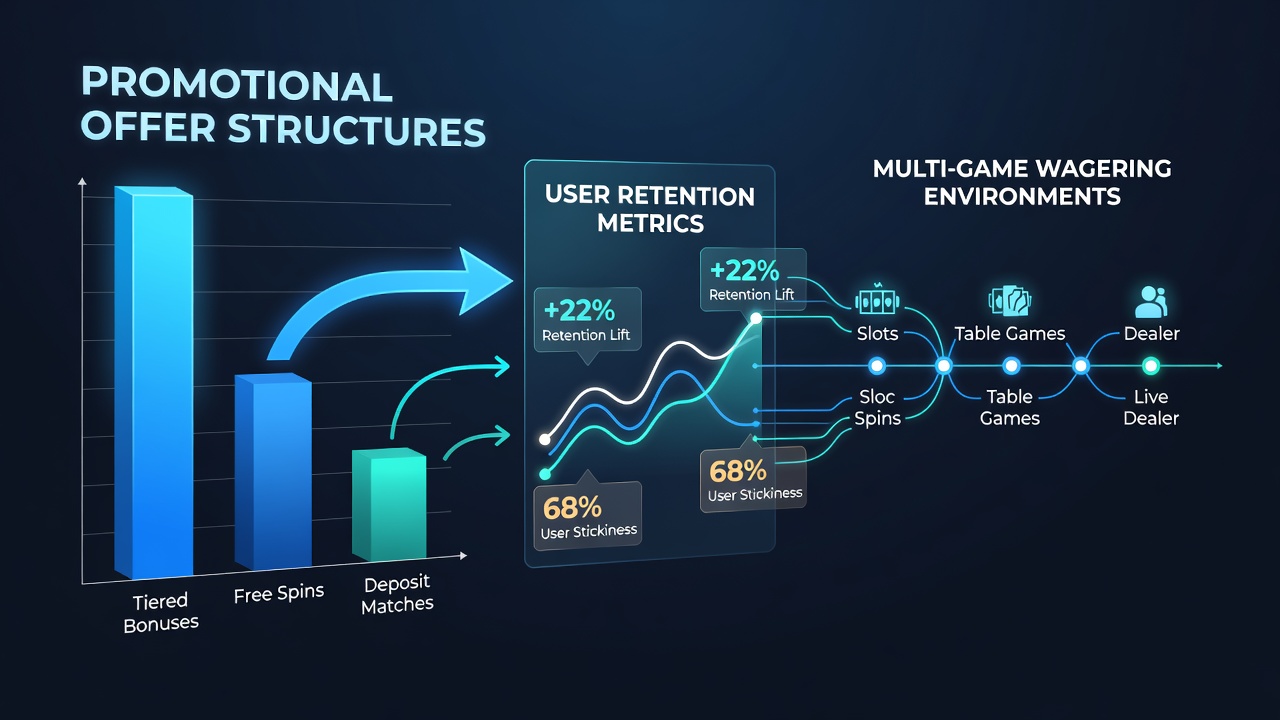Data visualization showing promotional structures and retention metrics in multi-game wagering platforms