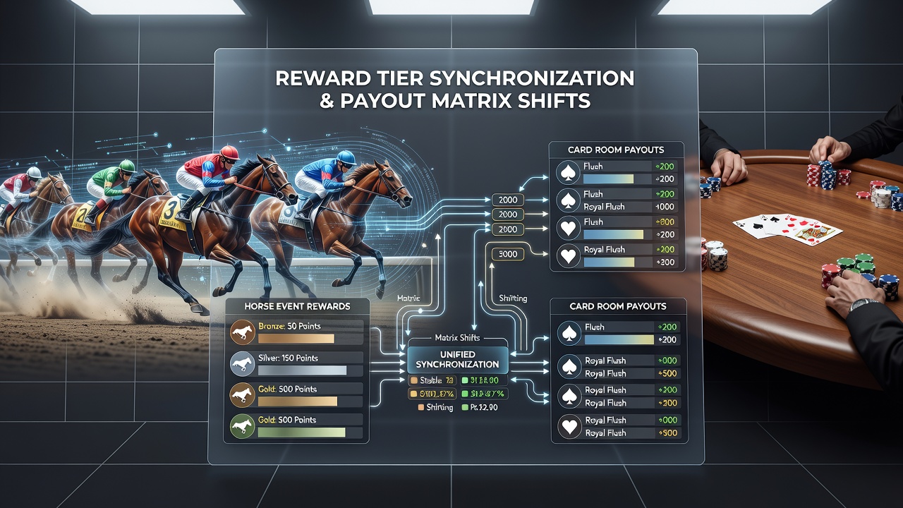 Integrated resort floor showing synchronized horse racing betting terminals alongside poker tables with digital payout displays