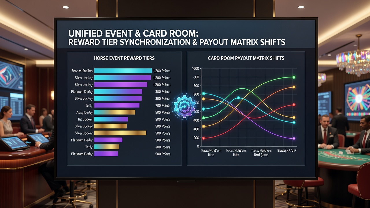 Digital dashboard displaying real-time reward tier levels synced with payout matrices for horse racing and poker sessions