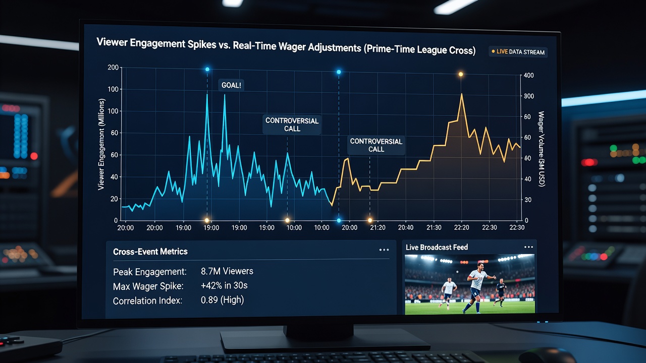 Graph overlaying television viewership curves with real-time odds adjustment timelines for overlapping league events