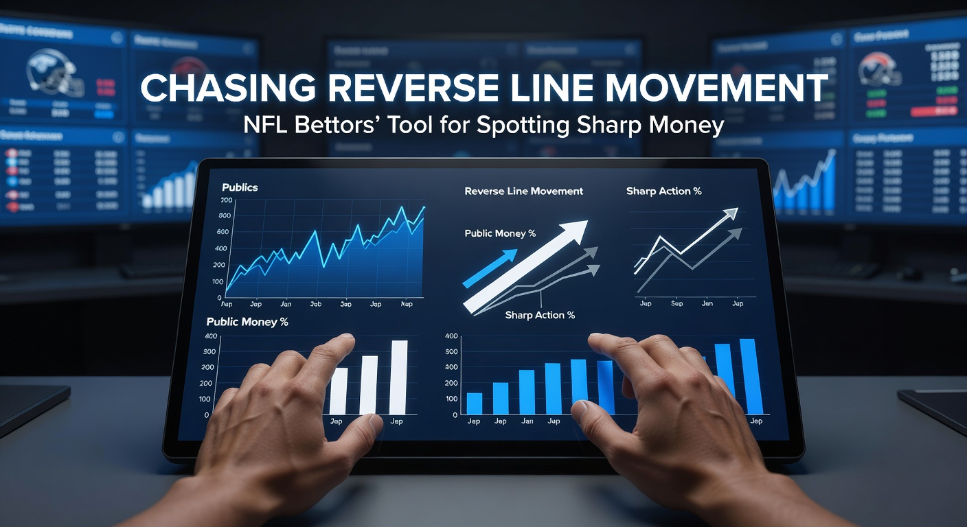 NFL betting lines shifting on a digital sportsbook display, highlighting reverse line movement against public betting trends