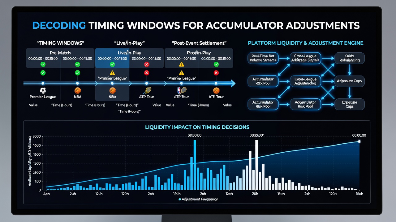 Chart showing regional liquidity heatmaps and adjustment window durations for multi-league accumulators