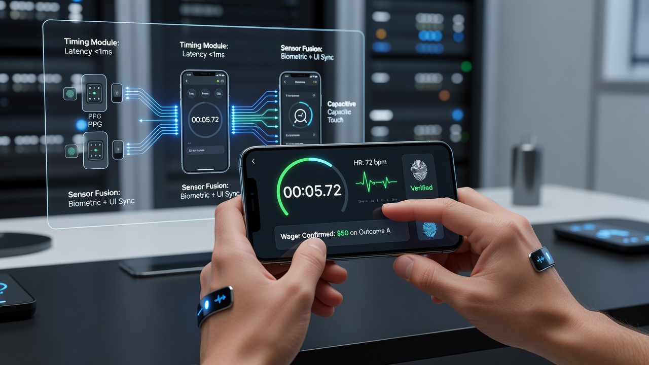 Close-up of biometric sensor calibration screen integrated with real-time sports data feed on a stadium concourse