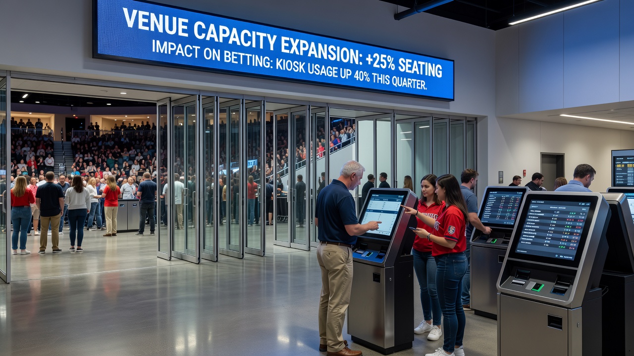 Betting kiosk cluster inside an expanded arena concourse during a high-attendance event