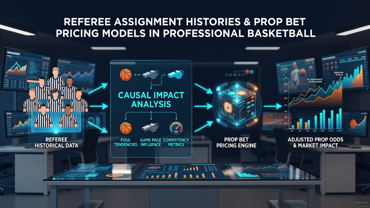 Analytics dashboard displaying referee statistics and prop bet adjustments for basketball games