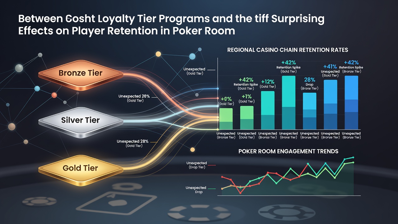 Poker room floor showing tiered loyalty signage and player tracking systems at a Midwest regional casino