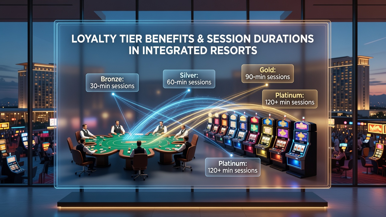 Loyalty tier benefits visualization across poker tables and slot machines in integrated resorts
