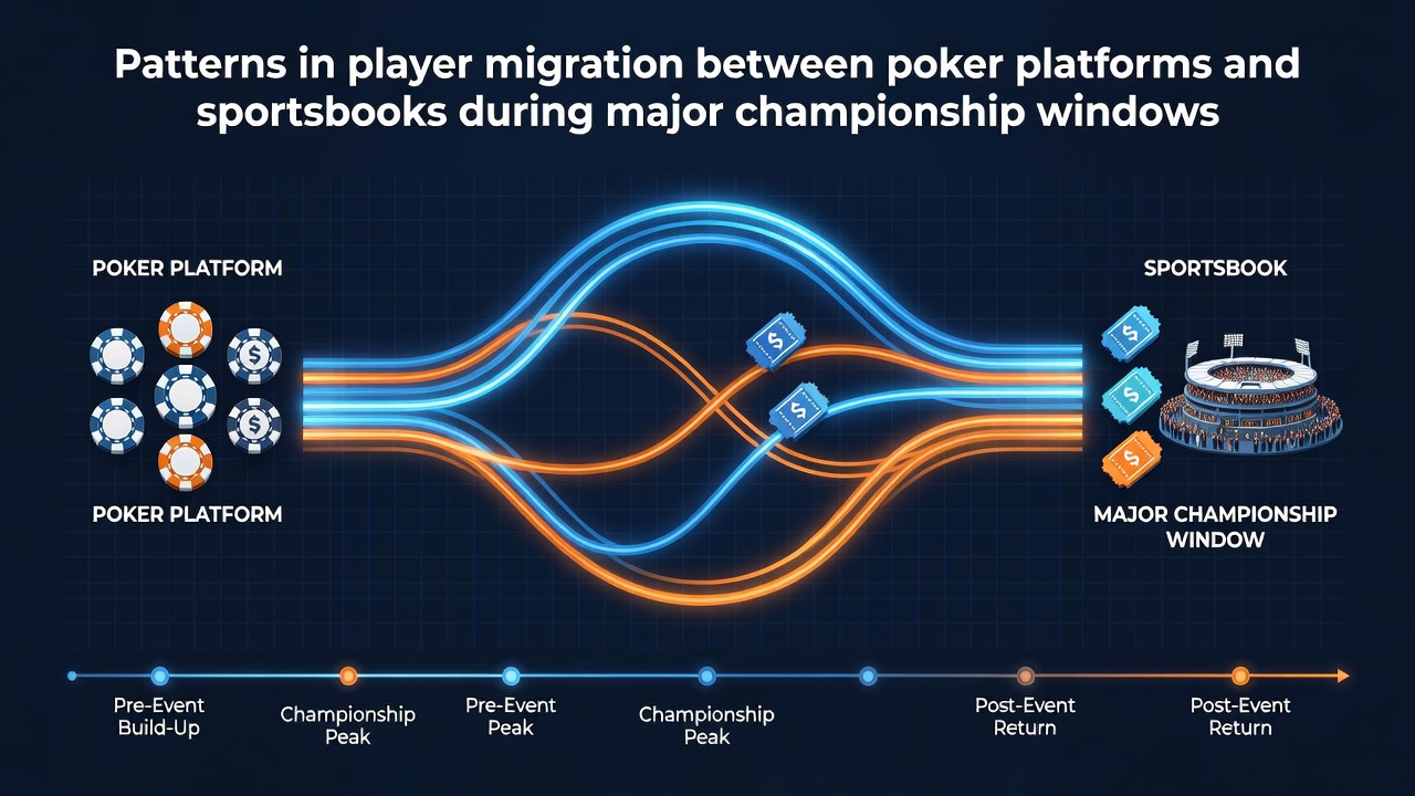 Chart showing player activity shifts between poker rooms and sportsbooks during peak championship periods