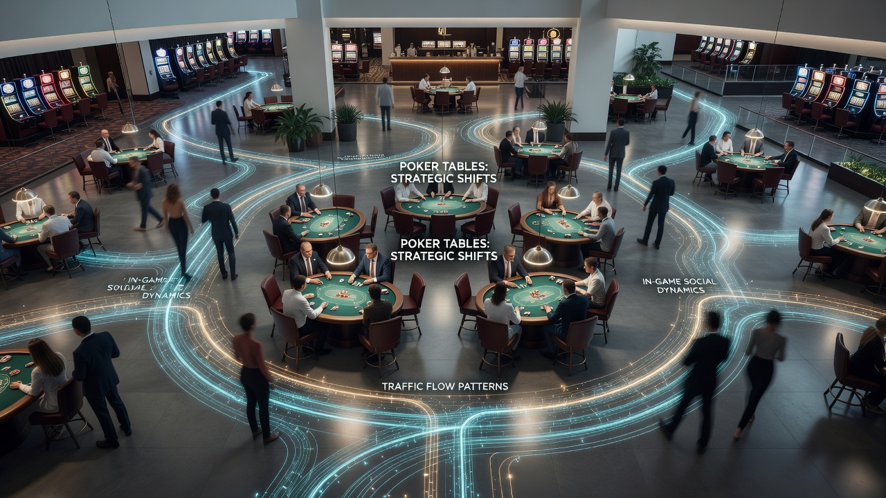 Players transitioning between poker tables and sports betting terminals during live soccer events at a resort casino