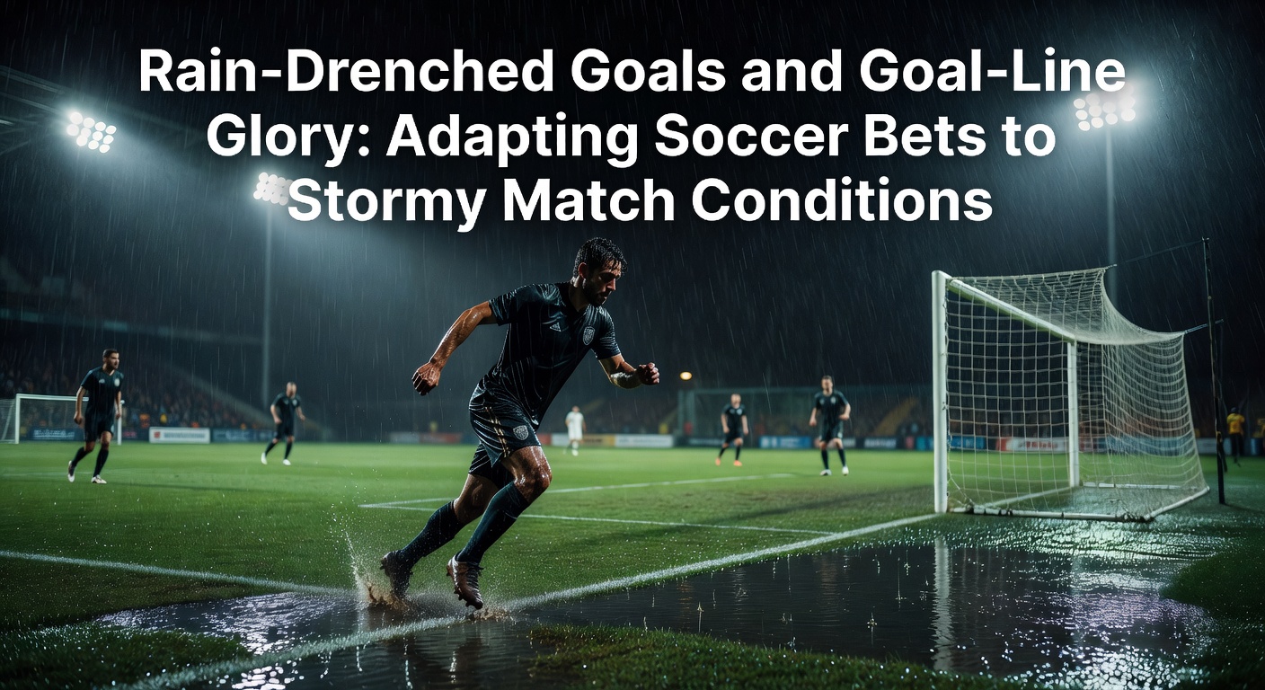 Soccer players battling through heavy rain on a waterlogged pitch, with a ball splashing through puddles toward the goal