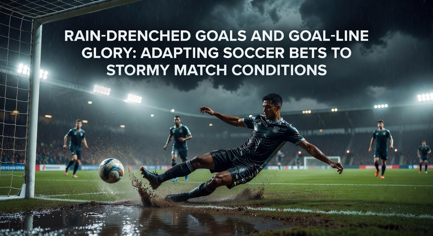 Close-up of a soccer goal-line moment in pouring rain, ball teetering on the line amid splashing water and diving players