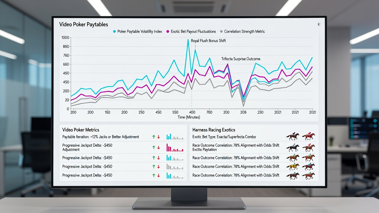 Data visualization chart displaying overlapping lines for video poker hold percentages and harness racing exotic pool volumes over a six-month period