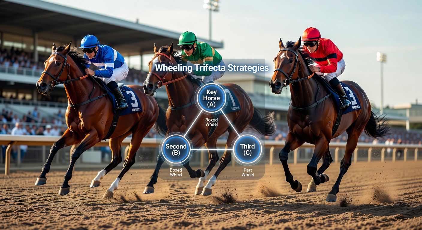 Vibrant horse racing scene at a sunlit track, with jockeys urging thoroughbreds across the finish line amid cheering crowds and electronic tote boards displaying trifecta payouts