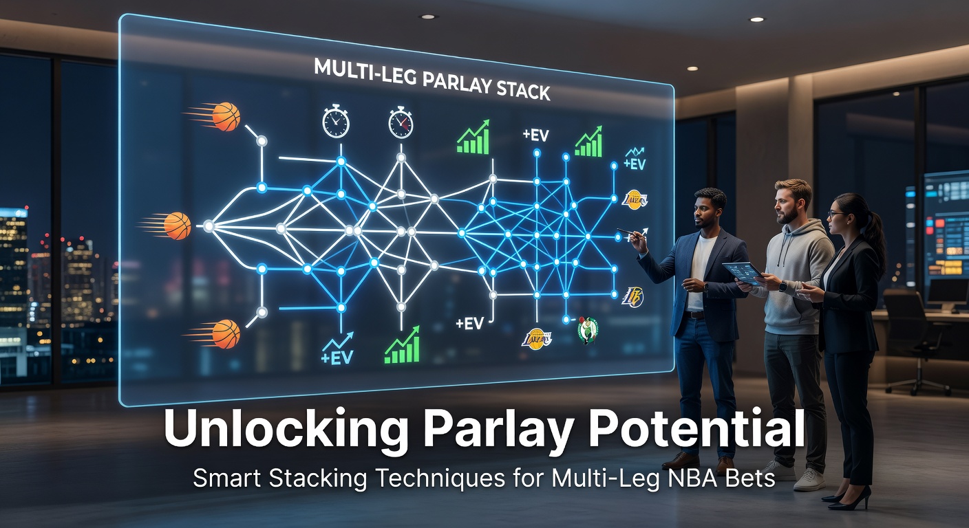 Basketball players stacking parlay bets on a digital odds board during an NBA playoff game, highlighting multi-leg combinations