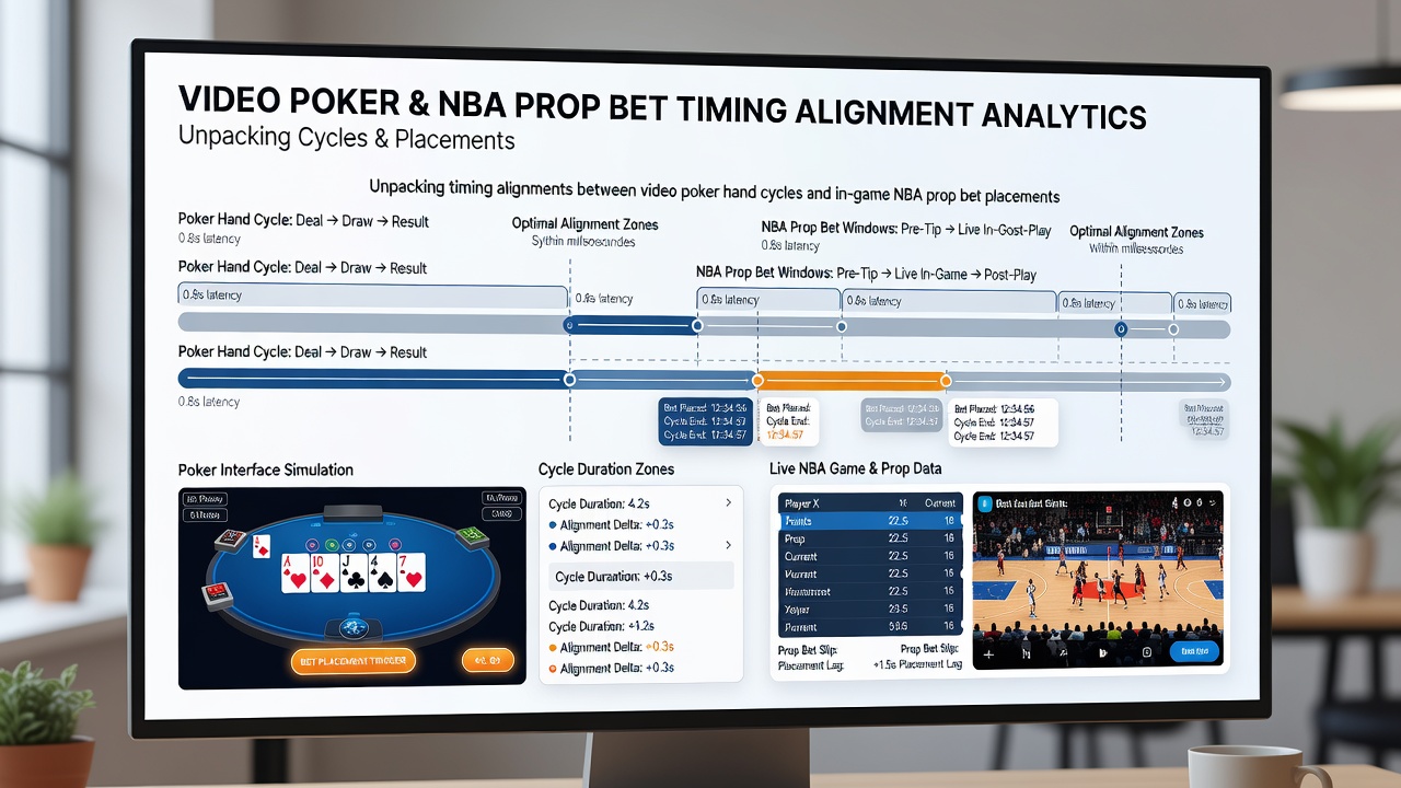 Close-up of video poker screen next to NBA prop betting interface highlighting synchronized placement windows